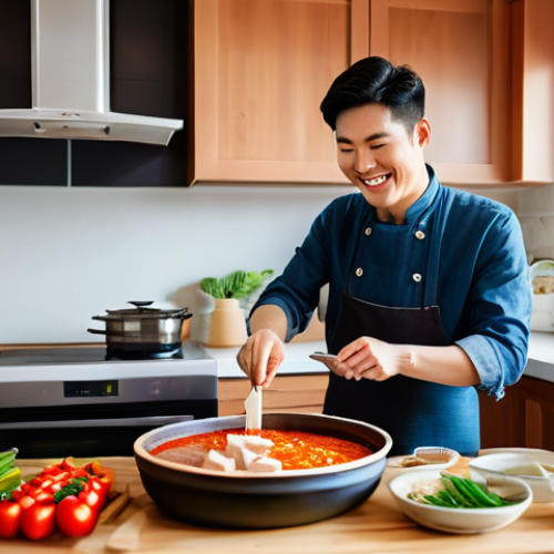 Home 1 참치 김치찌개 밀키트 추천 - **Prompt 1: Cozy Kitchen Cooking Scene**
A bright and inviting kitchen scene. A person, casually...