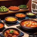 김치찌개로 유명한 프랜차이즈 비교 - A cozy, traditional Spanish tapas restaurant interior featuring rustic wooden tables and warm lighti...