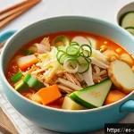 유아용 김치찌개 만드는 법 - A warm, gentle baby-friendly kimchi jjigae bowl served in a pastel-colored baby dish, featuring soft...
