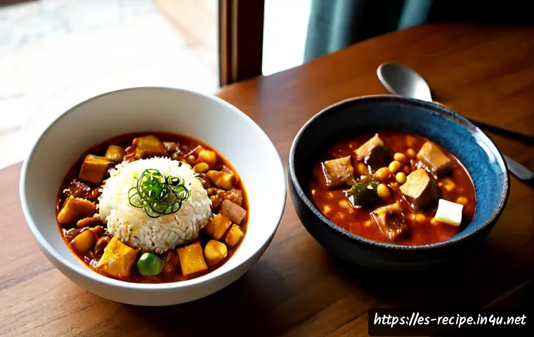 Home 13 김치찌개와 찌개류의 문화적 차이 - Photorealistic editorial food scene comparing Korean kimchi jjigae and Spanish cocido madrileño, two...