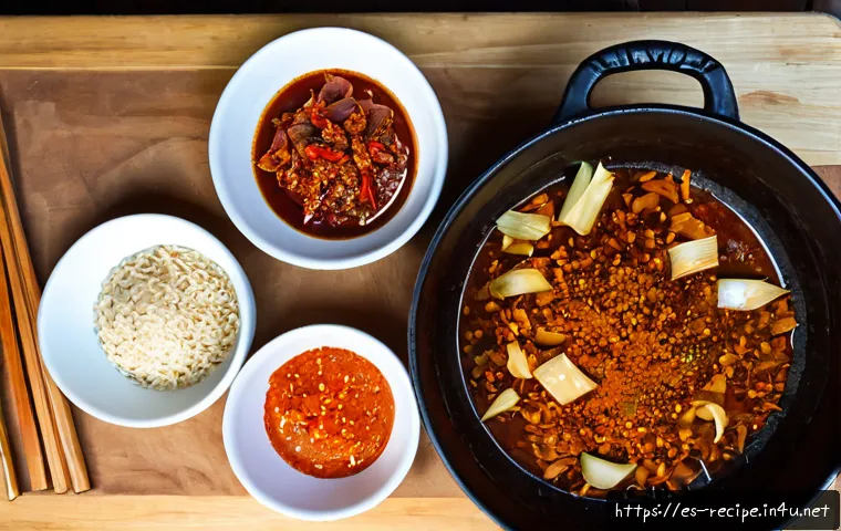 김치찌개 기본 양념 배합 비법 - Photorealistic overhead kitchen scene showing the essential seasoning ingredients for a rich homemad...